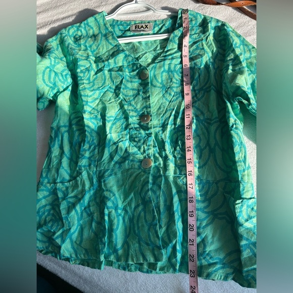 Flax Linen Peplum Teal Rose Floral Button-Up Blouse - Picture 10 of 10